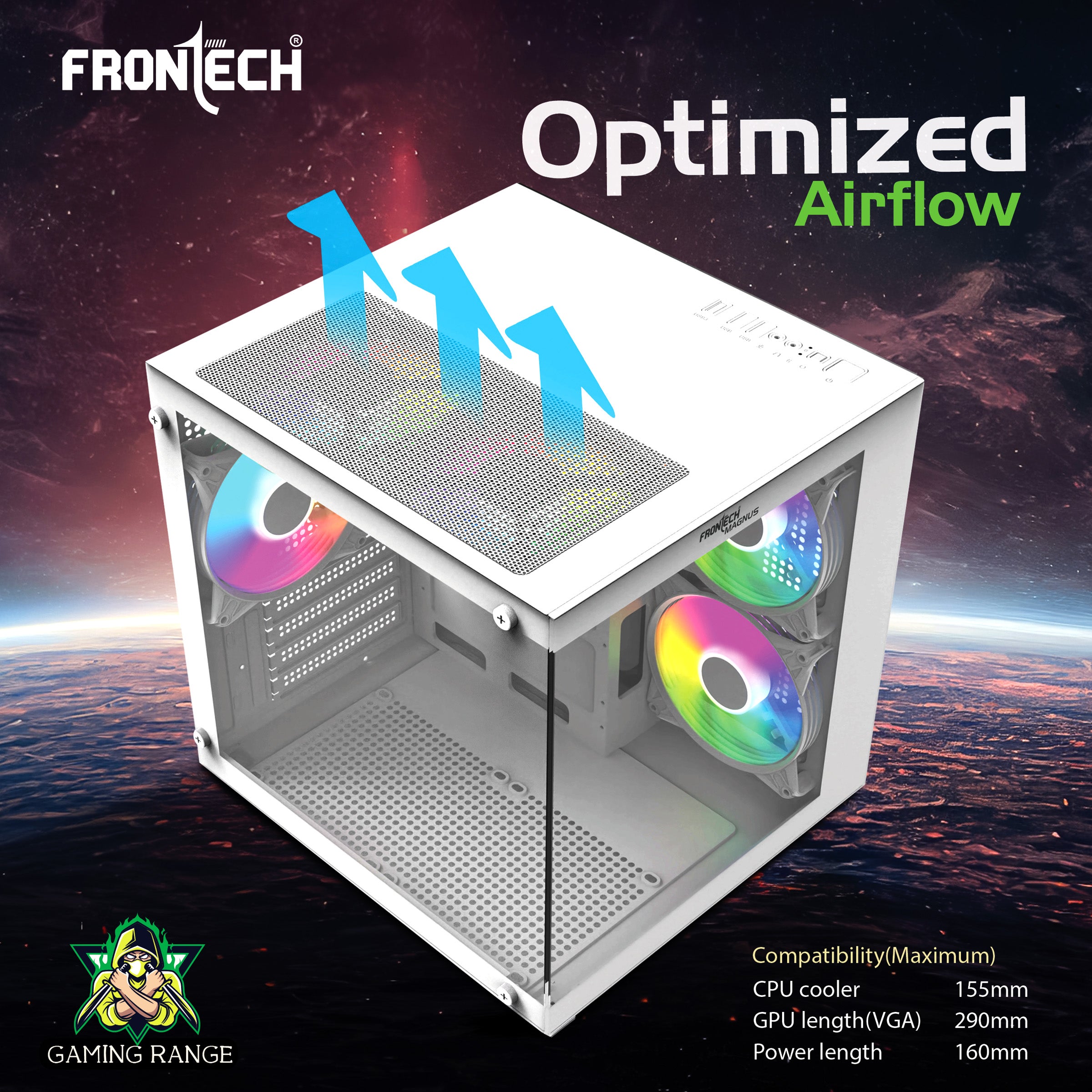 FRONTECH Gaming Computer Cabinet/Gaming Computer Case with 5 x 120 mm LED Fan and Tempered glass front and side panel| 2 X USB 1.0 | 1 X USB 3.0| HD Audio (FT-4384) FRONTECH Gaming Computer Cabinet/Gaming Computer Case with 5 x 120 mm LED Fan and Tempered glass front and side panel| 2 X USB 1.0 | 1 X USB 3.0| HD Audio (FT-4384)
